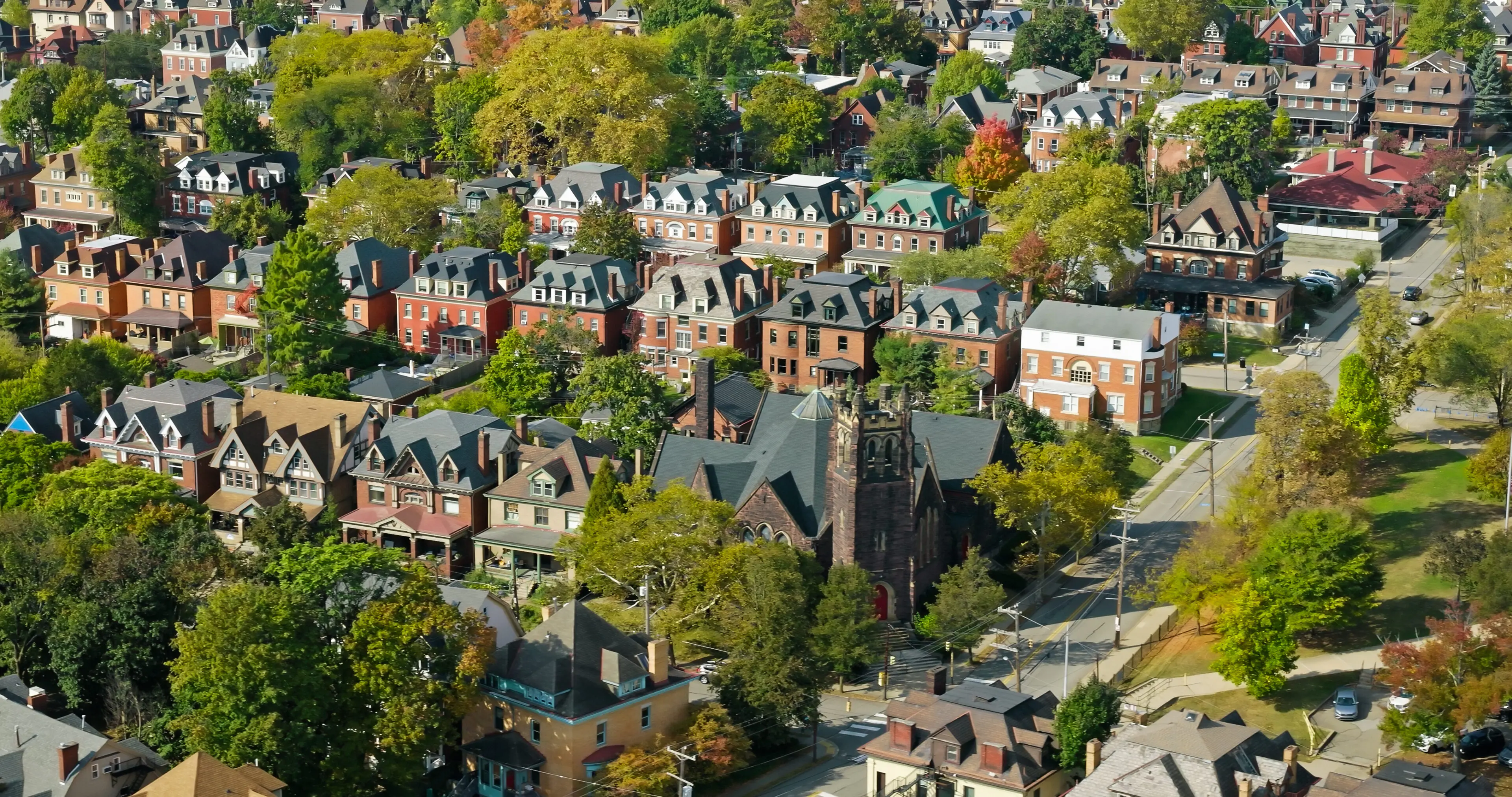 Aerial view of a suburban neighborhood.