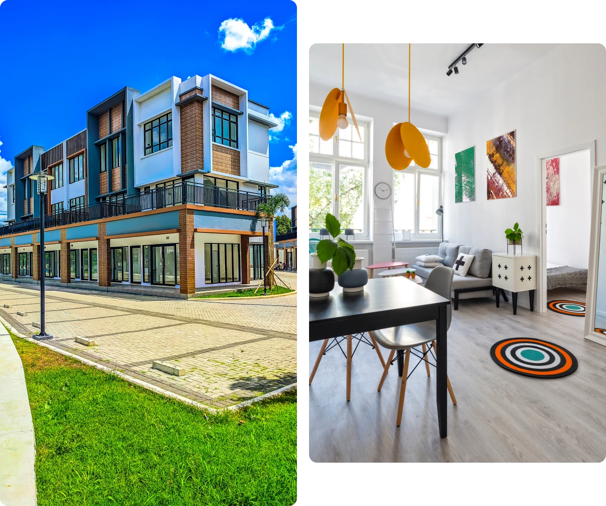 Modern building exterior and stylish interior room.